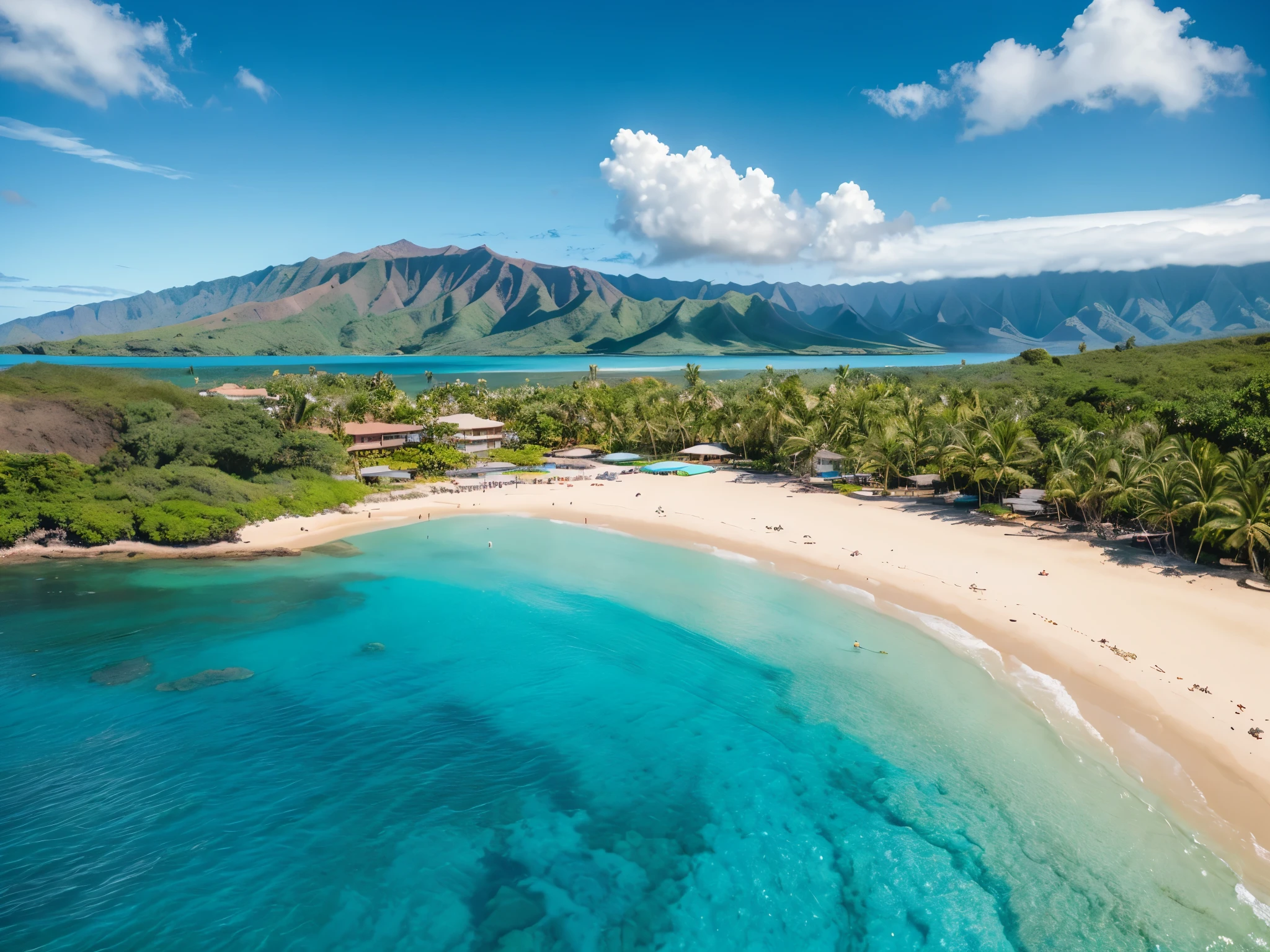A beautiful tropical beach in Maui, Hawaii, USA, golden sand, crystal clear turquoise water, lush palm trees, vibrant green foliage, dramatic volcanic mountains in the background, cloudless sky, warm sunlight, photorealistic, highly detailed, 8k, (best quality,ultra-detailed,realistic,masterpiece:1.2)