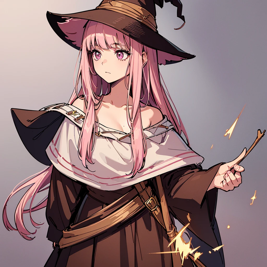 (((Solo)))、Highest quality, Best Quality,Best illustrations、(Pink Perm、Short bangs、Align your bangs)、(Witch Hat、Brown witch outfit)、(Grab a wooden stick)、(The magic of light)、(White background)、(Shoulder-length hair、Mature 50 Year Old、Adult women、Sharp Eye)、(Full body character concept、detailed)