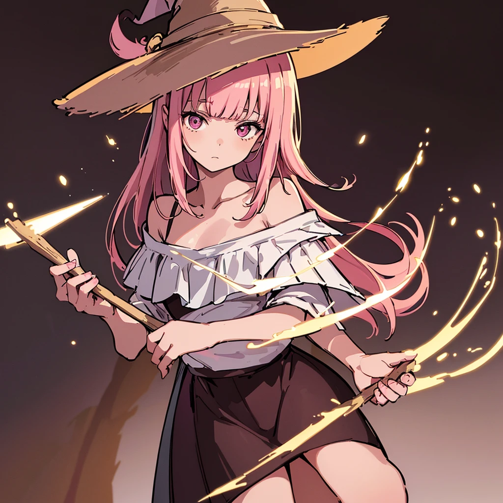 (((Solo)))、Highest quality, Best Quality,Best illustrations、(Pink Perm、Short bangs、Align your bangs)、(Witch Hat、Brown witch outfit)、(Grab a wooden stick)、(The magic of light)、(White background)、(Shoulder-length hair、Mature 50 Year Old、Adult women、Sharp Eye)、(Full body character concept、detailed)