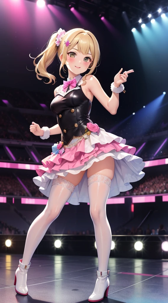 masterpiece, best quality, highly detailed, ultra high res, ayase arisa, 1girl, solo, hazel eyes, hair ornament, short ash blonde hair, (side ponytail), light smile, glossy lips, sleeveless idol dress, very puffy miniskirt, flared miniskirt, (see-through skirt), pink thigh highs, white heeled boots, full body, looking at viewer, crowd, audience