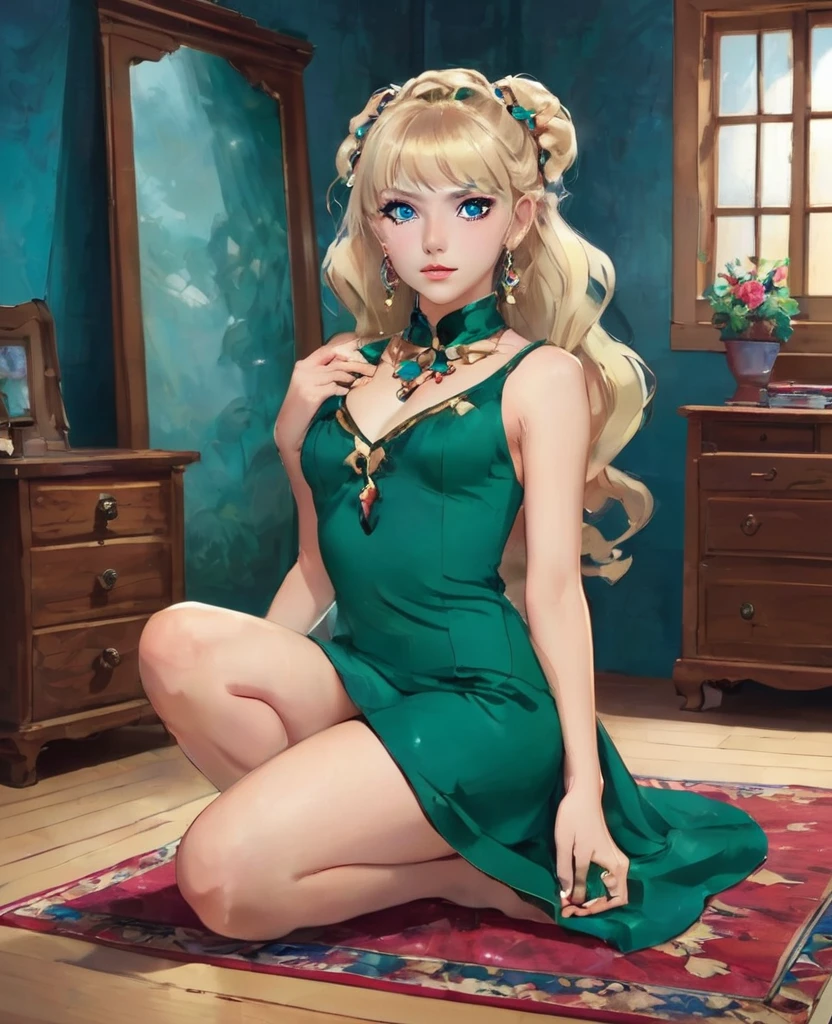 emerald, a slave princess, is 18 years old, hair long blonde, blue colored eyes, breasts big, wearing an exotic dress for your clients, blue with diamonds. She is sitting on the floor of her room, everything dark with moonlight, looking to the right, saying sister, Por favor, I want to leave with a sad expression 