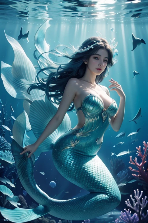 name: "Underwater Charm"
Material: digital illustration Size: 70x100 cm Idea: This art depicts a beautiful mermaid underwater, her long black hair flutters freely in slight disarray due to the undercurrents, creating a charming and mysterious aura around her. Her deep blue eyes captivate the soul, as if inviting the viewer into the world of underwater secrets and magic.
The mermaid has a slender and graceful body, her scaly tail sparkles in the reflection of the underwater light, shimmering in various shades of blue and green. She is dressed in jewelry made of sea shells and pearls, adding sophistication and magic to her image.
The background is made in deep shades of blue, depicting the underwater world with its soft light rays, penetrating through the water column. Multi-colored fish swim around the mermaid and corals flicker., creating a picturesque and mesmerizing picture. Algae and sea plants entwine it, highlighting its natural beauty and connection with the marine world.
The overall effect of the image creates an atmosphere of silence, mystery and charm, making the viewer witness a magical moment underwater, where the mermaid with her deep blue eyes seems to be telling a story, full of mysteries and wonders.