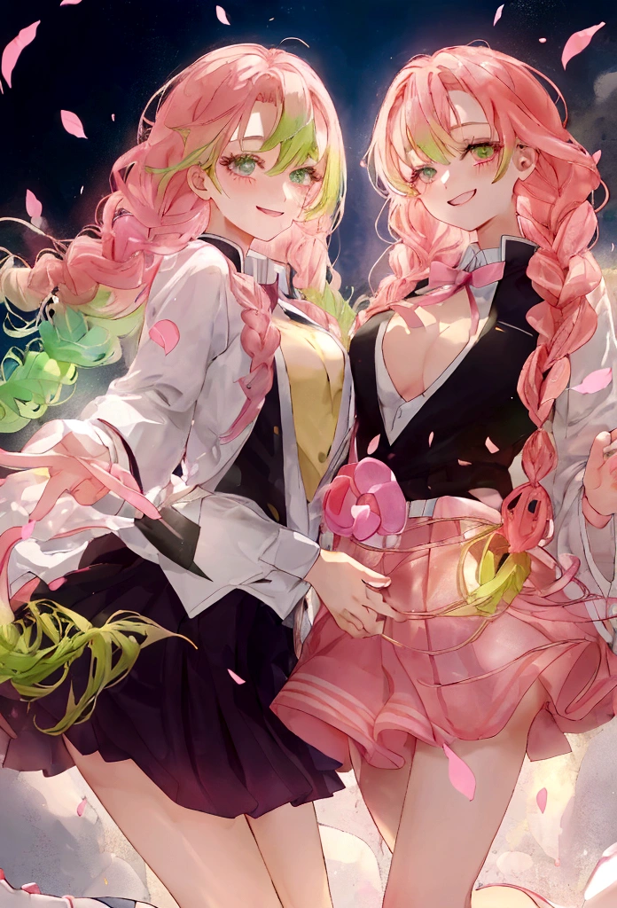 A school uniform with an open chest、Pink and green hair gradient、Mainly pink hair、smile、Mole under both eyes、smile、Braid
