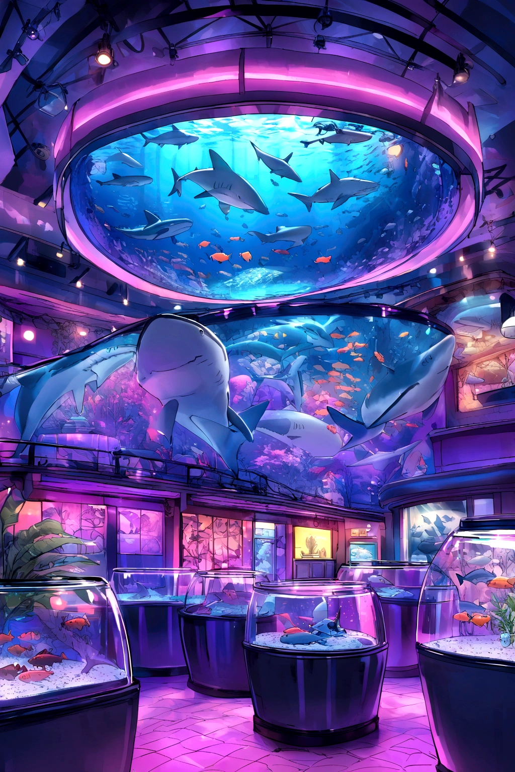 Shark-themed nightclub. Fish tank with a white shark and a hammerhead shark((realist)) 