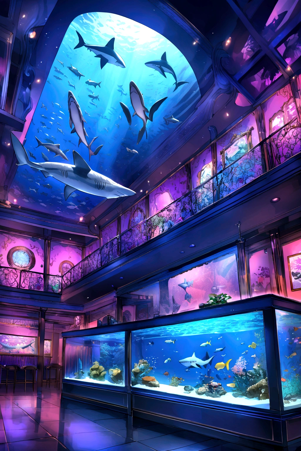 Shark-themed nightclub. Fish tank with a white shark and a hammerhead shark((realist)) 