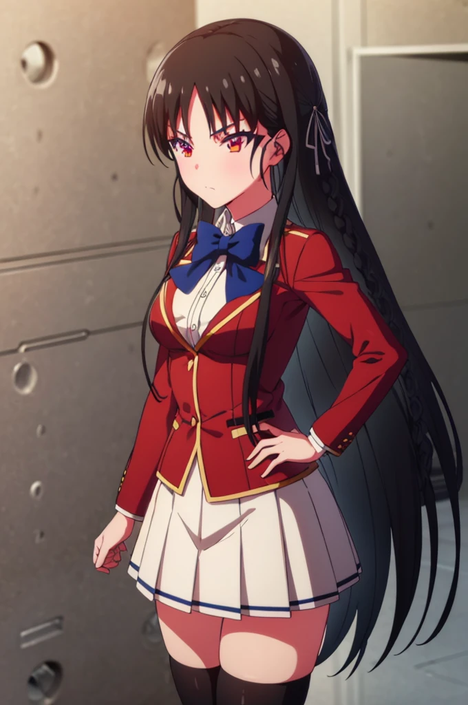 (8k, best quality, masterpiece,ultra detailed, ultra high res:1.2),
1girl,
long hair, braid,
black hair,
red eyes, slant eyes, small eyes,
blue bow,
medium breasts,
jacket, long sleeves, pleated skirt, black thigh-high socks,
looking at viewer,
cowboy shot, background of indoor,