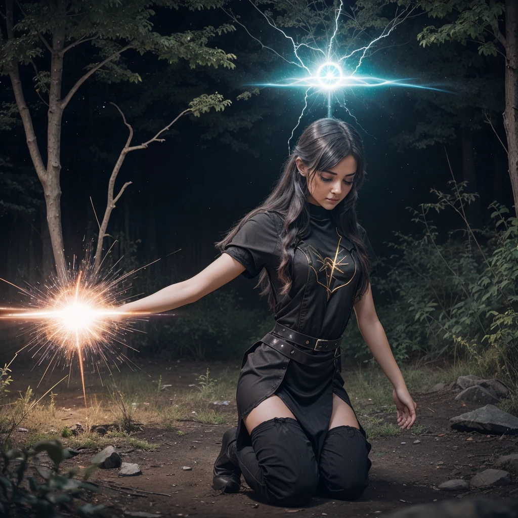 Cryptic girl is casting a spell, wastelands, energy sparks up from the ground and connects to cryptic girl who is making mystic symbols and channeling energy blast
