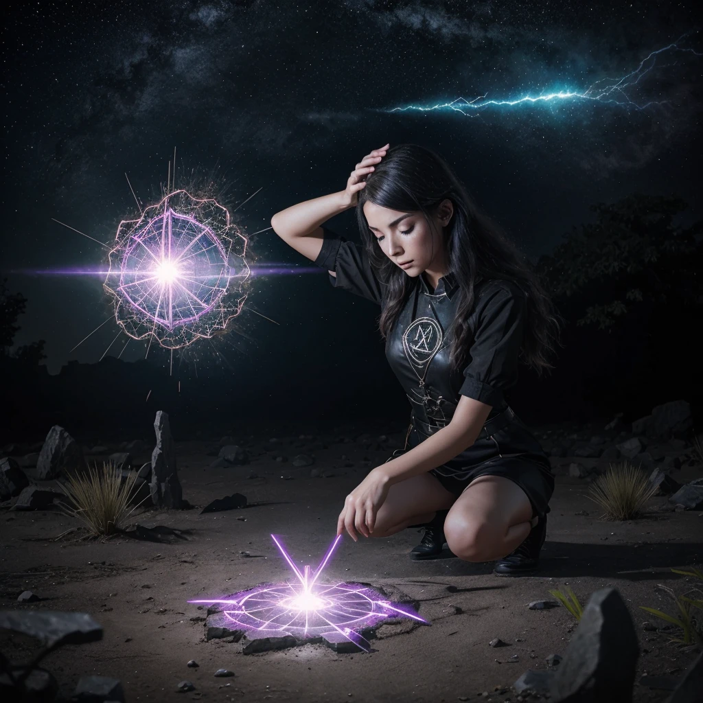 Cryptic girl is casting a spell, wastelands, energy sparks up from the ground and connects to cryptic girl who is making mystic symbols and channeling energy blast
