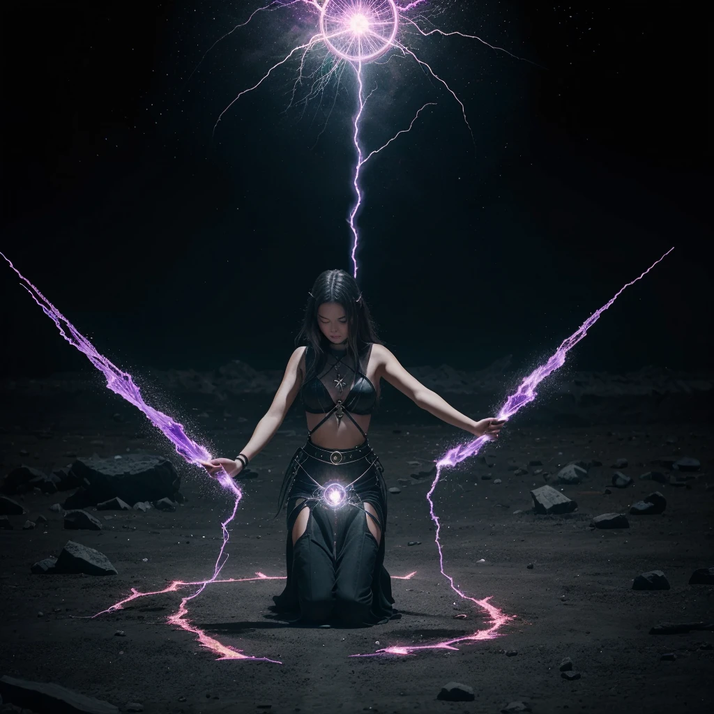 Cryptic girl is casting a spell, wastelands, energy sparks up from the ground and connects to cryptic girl who is making mystic symbols and channeling energy blast
