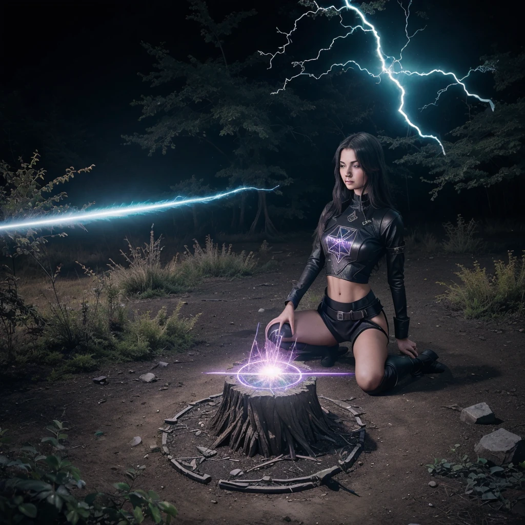 Cryptic girl is casting a spell, wastelands, energy sparks up from the ground and connects to cryptic girl who is making mystic symbols and channeling energy blast
