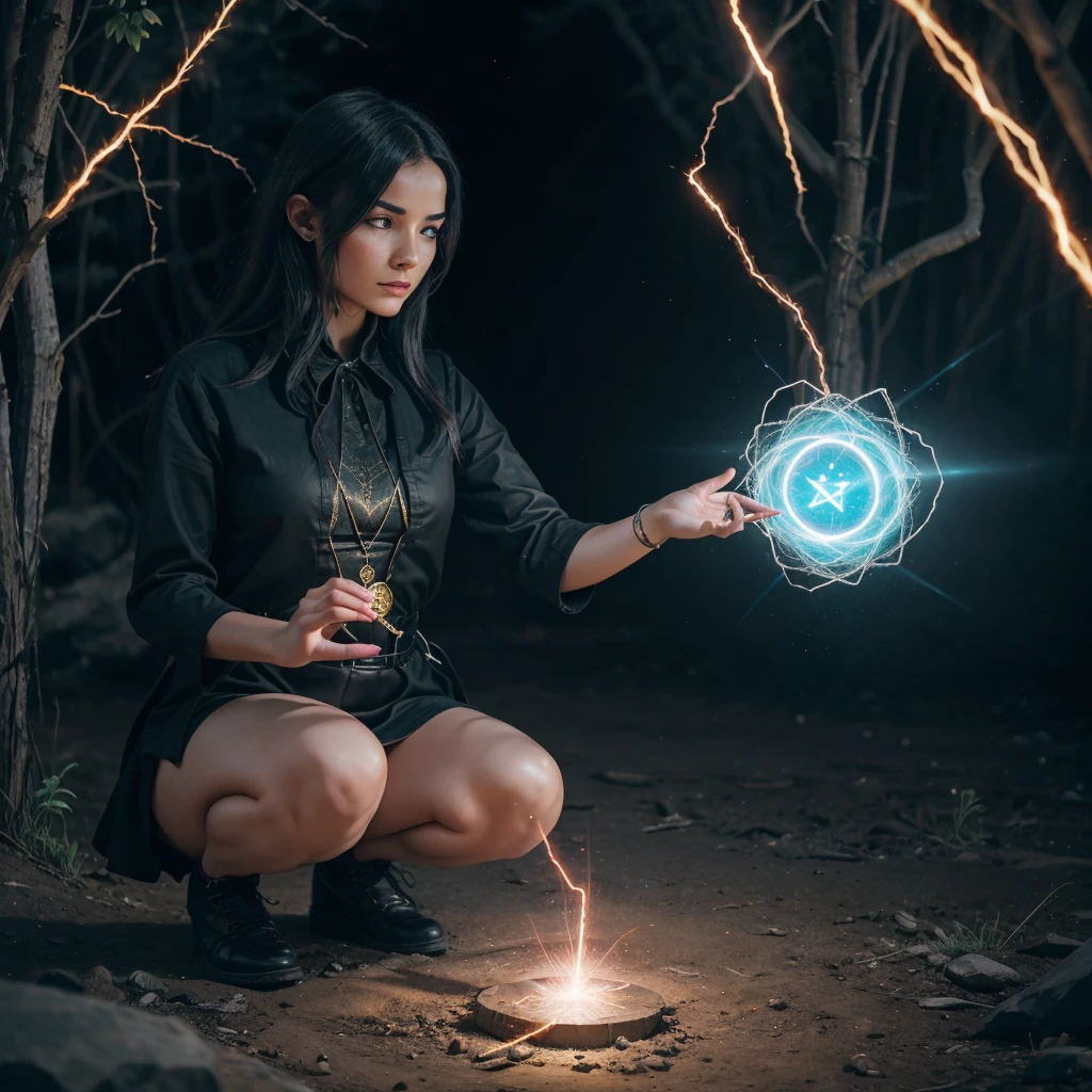 Cryptic girl is casting a spell, wastelands, energy sparks up from the ground and connects to cryptic girl who is making mystic symbols and channeling energy blast
