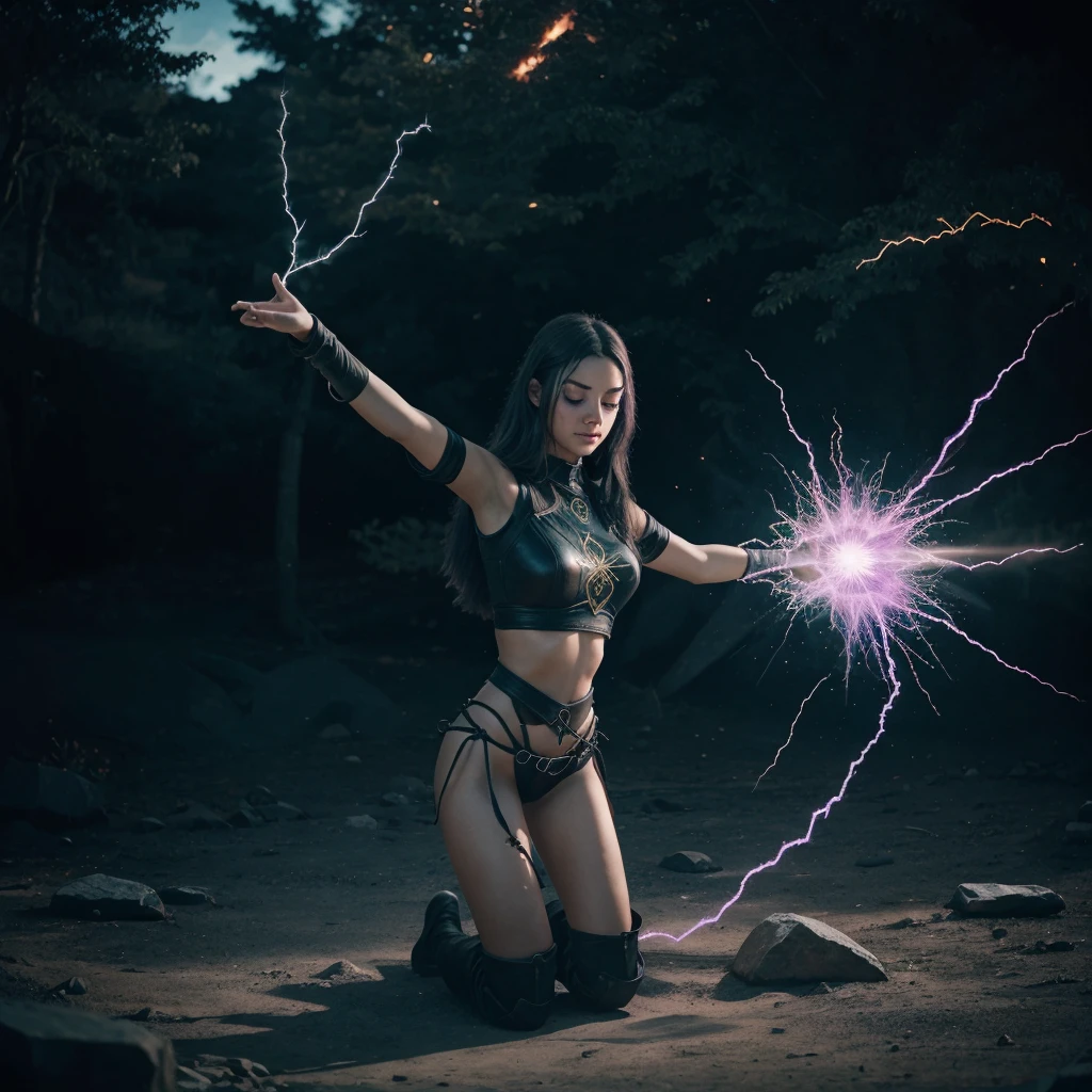 Cryptic girl is casting a spell, wastelands, energy sparks up from the ground and connects to cryptic girl who is making mystic symbols and channeling energy blast
