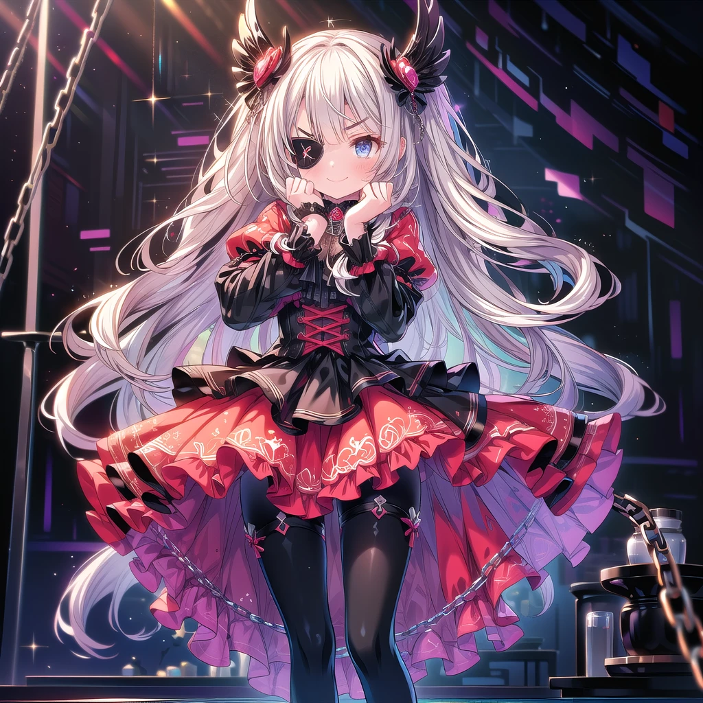 score_9, score_8_superior, score_7_superior, sauce_anime,masterpiece, Highest quality, High resolution, Highly detailed CG, Absurd, One girl, alone, Cool girl in gothic lolita outfit posing in palace, mini skirt, Frills, black and red outfit, ((black_tights)), (One eye patch), Heel, ((V-shaped eyebrows, smile), Put your hands on your face, Spread your hands, Spread your legs, Standing on the floor, ruby👁️‍‍🗨️,white_hair, ((two_side_superior)), Chained, many chains in background, dark_background, black palace, Midnight, indoor, (extremely detailed background:1.6), Details 1, Bright colors