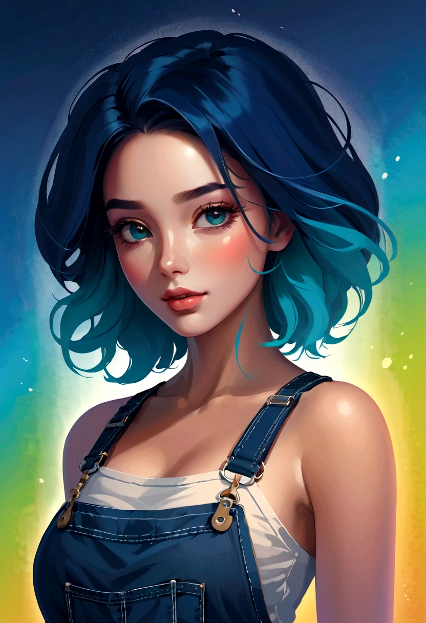 samdoesarts style award-winning bust portrait，A beautiful woman wearing a belly-baring top and overalls，Keep a gradient dark blue hair style，Head bobbing，Long hair flying, Paint splash, Splash, outrun, Virtual software, Shadow flat illustration, The art of math, Popular on ArtStation, Very detailed, Fine details, complex