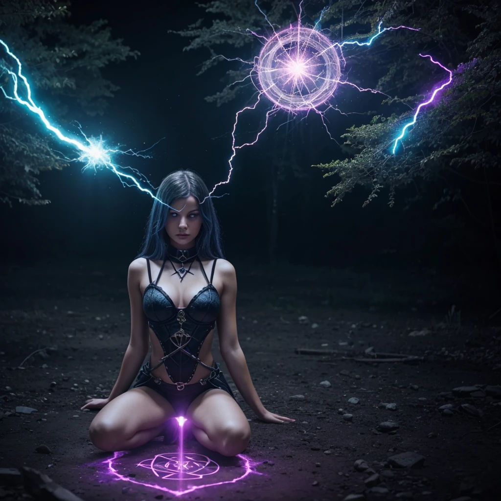 Cryptic girl is casting a spell, wastelands, energy sparks up from the ground and connects to cryptic girl who is making mystic symbols and channeling energy blast