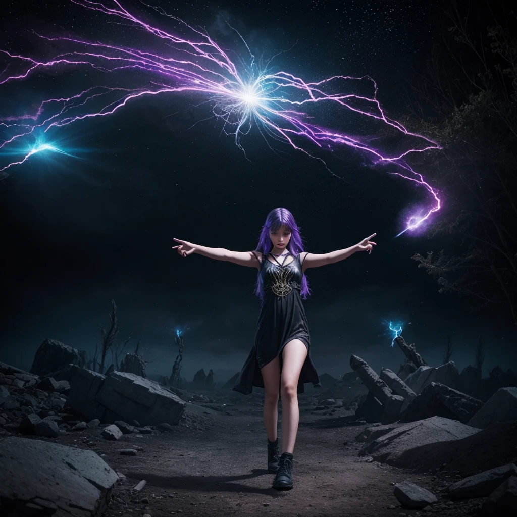 Cryptic girl is casting a spell, wastelands, energy sparks up from the ground and connects to cryptic girl who is making mystic symbols and channeling energy blast
