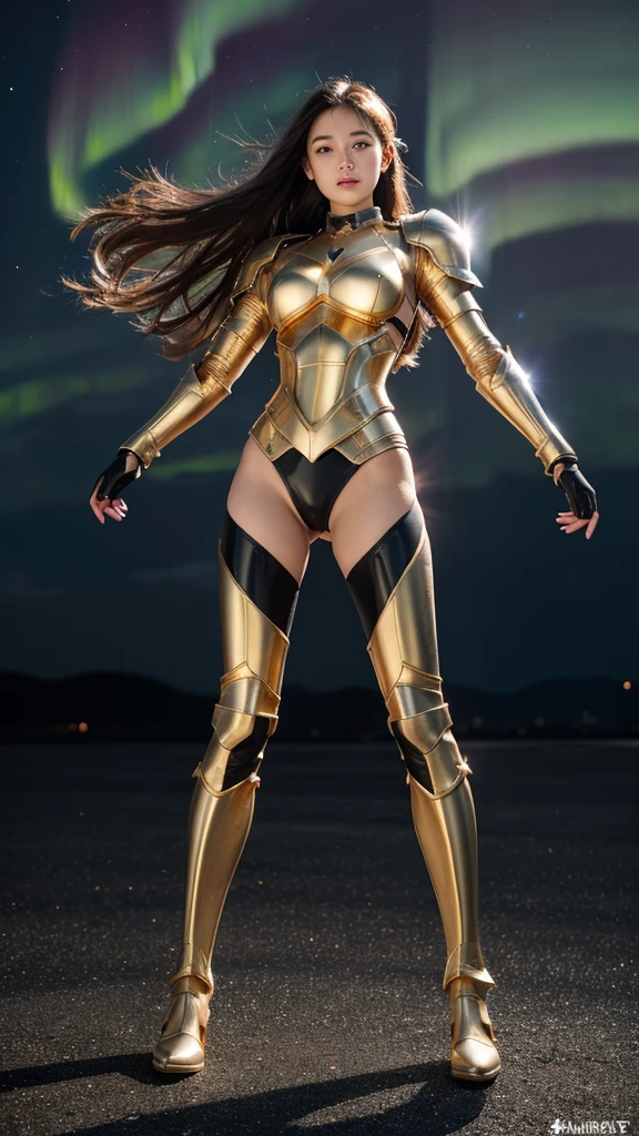 (Highest quality)), ((masterpiece)), (Super detailed), ((Full Body Shot)), Japanese Girl, Very beautiful, Ultra Face Details, 20-year-old, Black straight long hair, ((Strong winds blow away my hair :1.3)), Award-winning photo, age Girl Photos, Slim face, Very beautiful, Super detailedアーマー, Super detailedスキン, Sharp armor texture, Clear images, ((Full make-up)), ((pink blush)), ((Red lips)), ((Wearing tight-fitting steel armor)), ((full body armor)), ((Tight latex panties)), ((Thigh armor)), ((Slim figure)), (((24k gold) And black armor)), Without head cover, ((Symmetrical posture)), Model posing in the center, Backlight, Night on the beach, Starry Sky, Red Cloud, nebula, ((Aurora)), shooting star, From below
