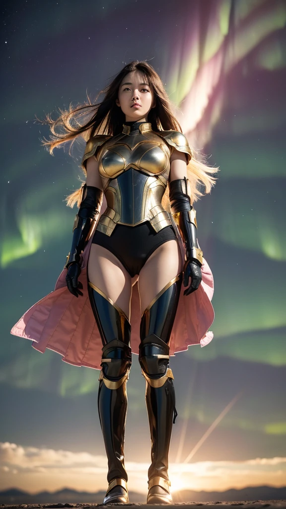 (Highest quality)), ((masterpiece)), (Super detailed), ((Full Body Shot)), Japanese Girl, Very beautiful, Ultra Face Details, 20-year-old, Black straight long hair, ((Strong winds blow away my hair :1.3)), Award-winning photo, Teenage Girl Photos, Slim face, Very beautiful, Super detailedアーマー, Super detailedスキン, Sharp armor texture, Clear images, ((Full make-up)), ((pink blush)), ((Red lips)), ((Wearing tight-fitting steel armor)), ((full body armor)), ((Tight latex panties)), ((Thigh armor)), ((Slim figure)), (((24k gold) And black armor)), Without head cover, ((Symmetrical posture)), Model posing in the center, Backlight, Night on the beach, Starry Sky, Red Cloud, nebula, ((Aurora)), shooting star, From below
