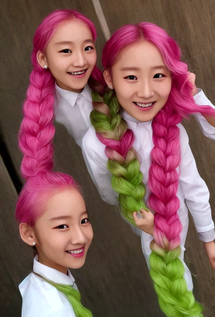 A school uniform with an open chest、Pink and green hair gradient、Mainly pink hair、smile、Mole under both eyes、smile、Braid