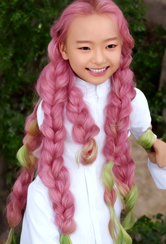 A school uniform with an open chest、Pink and green hair gradient、Mainly pink hair、smile、Mole under both eyes、smile、Braid