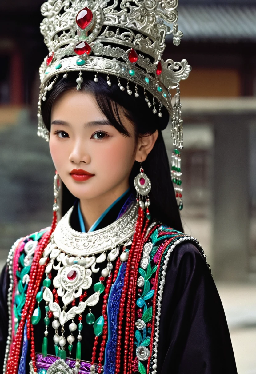 A 18-year-old Chinese ethnic minority girl with shiny black hair, dressed in exquisite traditional Miao costumes and a gorgeous silver crown inlaid with rubies and emeralds ((middle)), 32k, HD