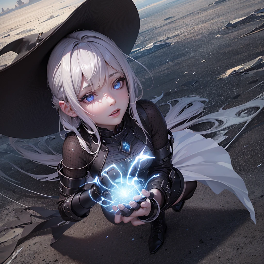 a cryptic girl casting a spell in a wasteland, energy sparks up from the ground and connects to her as she makes mystic symbols and channels an energy blast, detailed portrait, beautiful detailed eyes and lips, dark fantasy, occult, cinematic lighting, volumetric lighting, dramatic shadows, moody colors, dark and gritty, highly detailed, intricate details, 8k, photorealistic, masterpiece