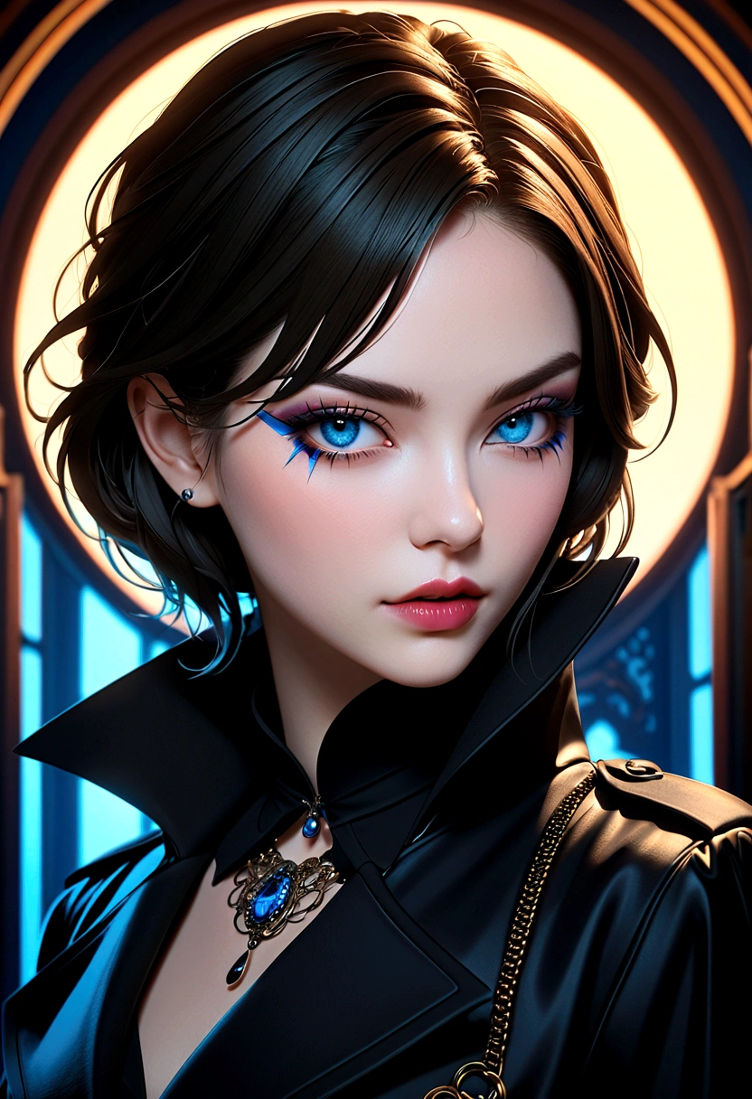 (Extremely detailed CG unity 8k wallpaper),(masterpiece), (best quality), (Extremely detailed), (Best Illustration Award),(The best shadow), A beautiful white vampire ,(Sharp eyeliner, Eyeshadow, Delicate eyes:1.1),(Black trench coat), Bright blue eyes, In a dark environment.