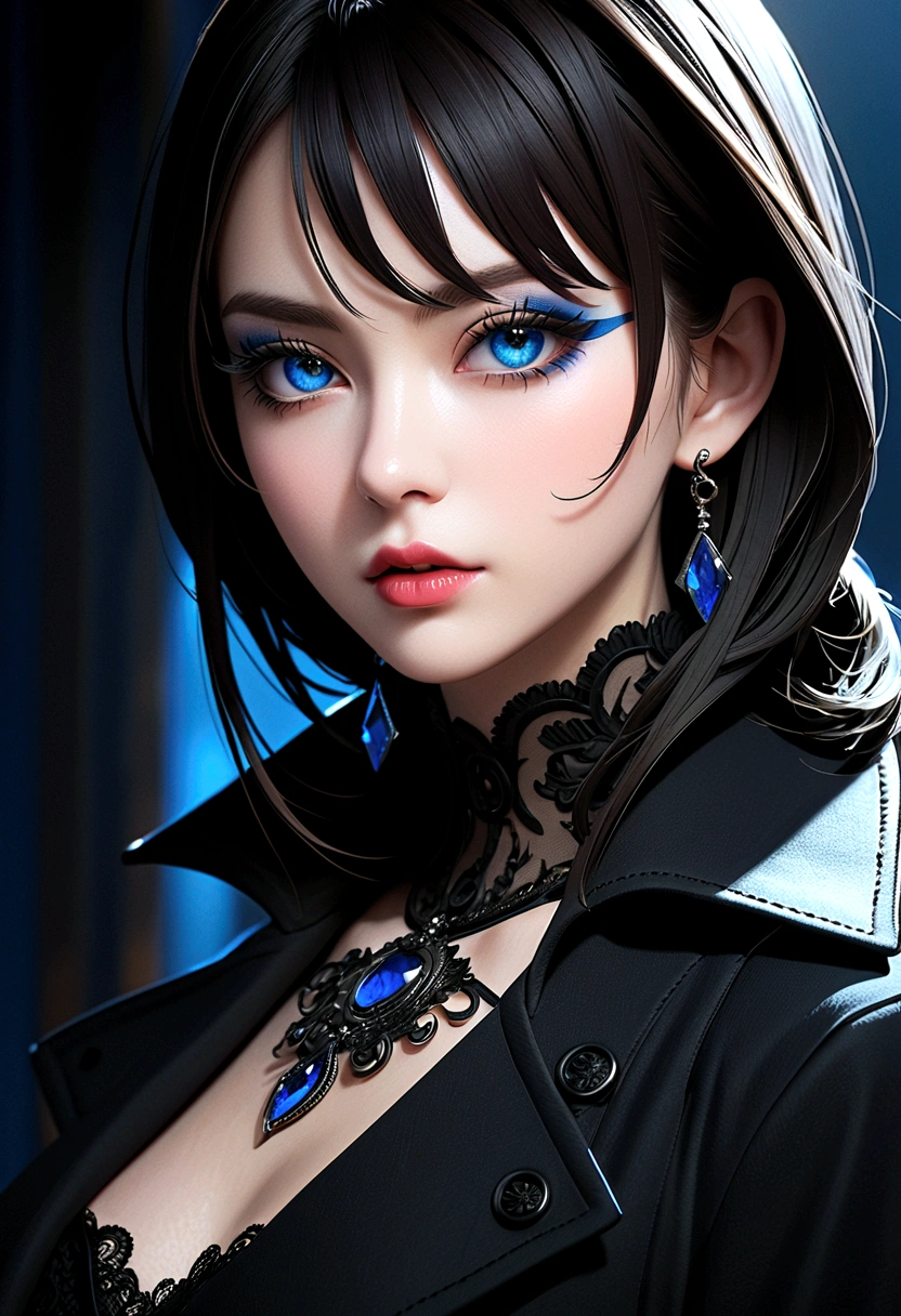 (Extremely detailed CG unity 8k wallpaper),(masterpiece), (best quality), (Extremely detailed), (Best Illustration Award),(The best shadow), A beautiful white vampire ,(Sharp eyeliner, Eyeshadow, Delicate eyes:1.1),(Black trench coat), Bright blue eyes, In a dark environment.