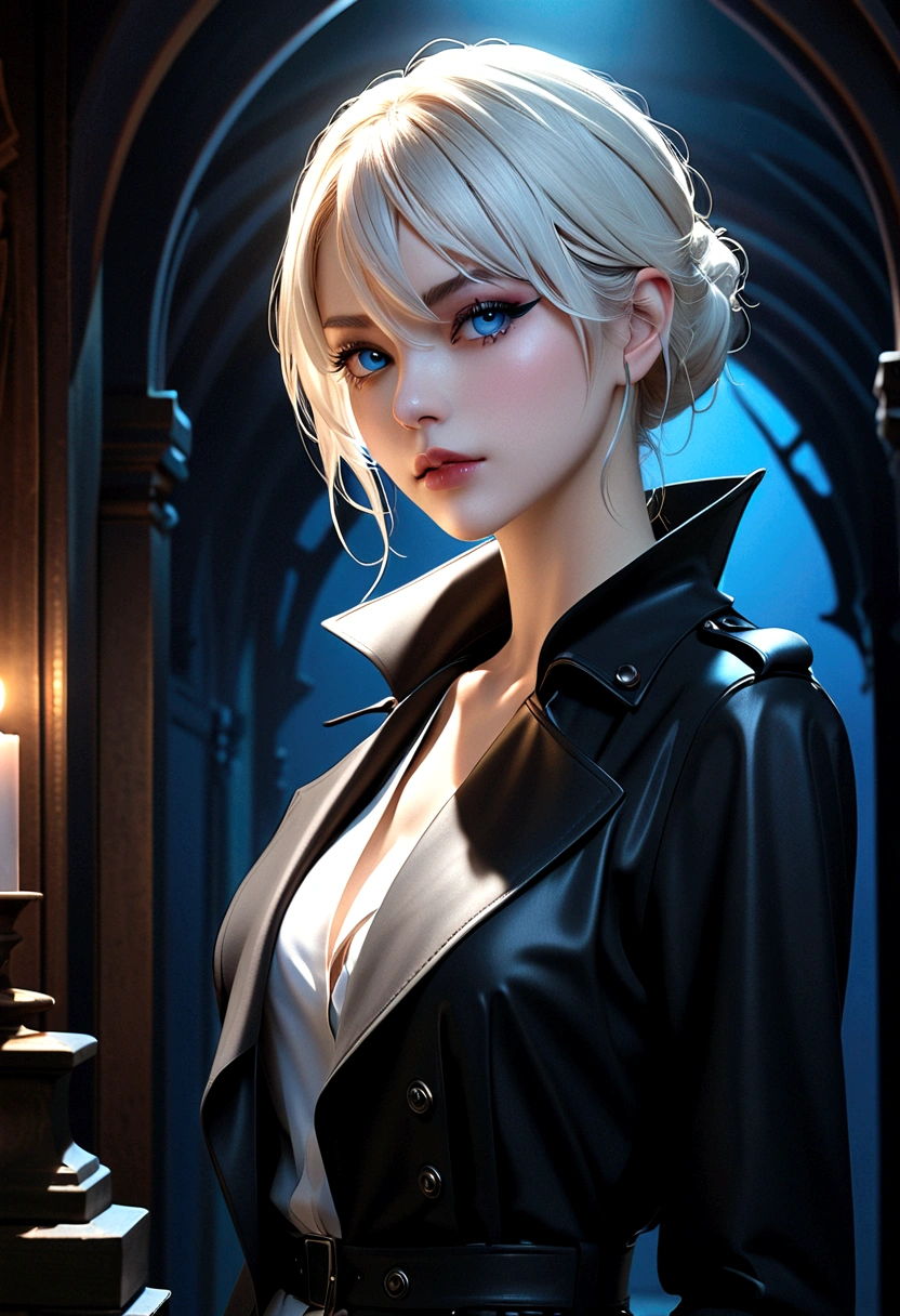 (Extremely detailed CG unity 8k wallpaper),(masterpiece), (best quality), (Extremely detailed), (Best Illustration Award),(The best shadow), A beautiful white vampire ,(Sharp eyeliner, Eyeshadow, Delicate eyes:1.1),(Black trench coat), Bright blue eyes, In a dark environment.