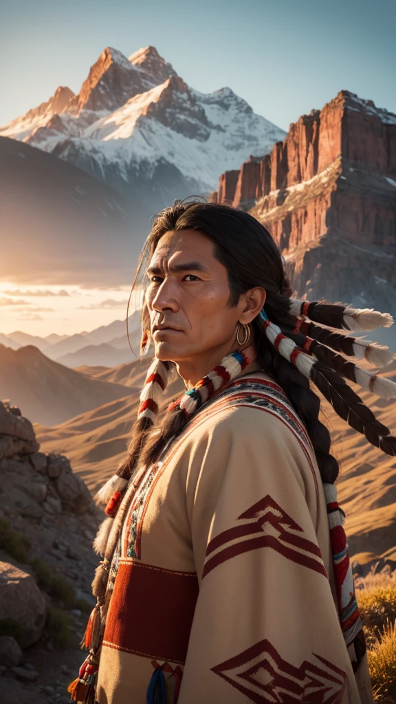 Native american man, detai face, traditional cloth, highly detail, hyper realistic, sharp focus, mountain backgtound, evening sunshine, photo realistic,