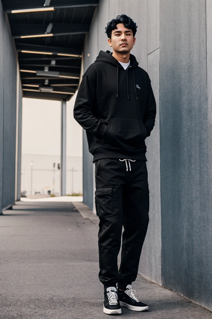 Man wearing black hoodie, black pants, black hair, looking up 