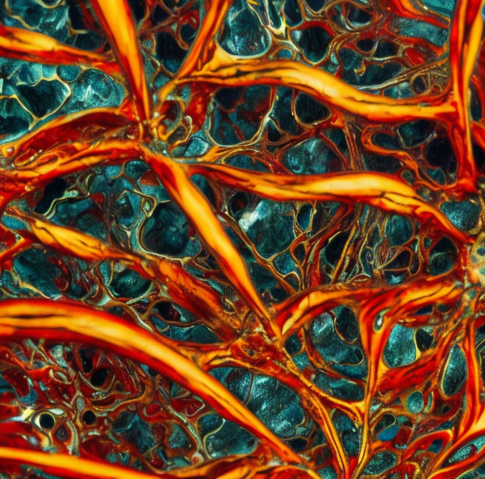  an intricate circulatory system made of chromed steel, titanium, vanadium and iron, originating from a  red steel heart , dominant yellow and orange color tonality, growing on a fractal background, brilliant colours, masterpiece, highly detailed, 4k resolution,  3d modelling, digital art