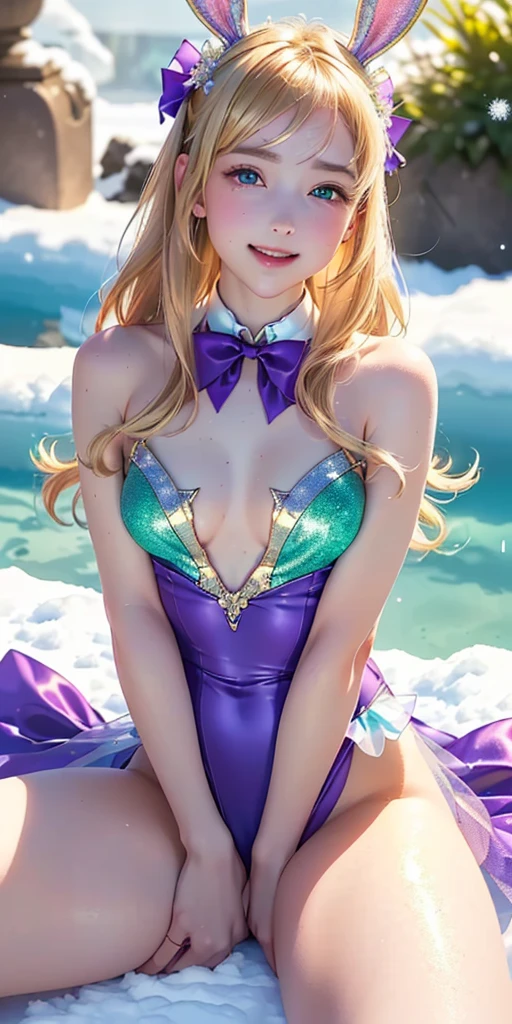 masterpiece, best quality, extremely detailed CG unity 8k wallpaper,((Upper Body)) ,((Upper Body head close-up shot of a beautiful **** girl)), , Elegant Long straight blonde hair, (Mckenna Grace), ((flat chest,thighs,Autoluminescence skin)),Transparent (purple-green) golden (Glittering tutu,long Bunny Ear Headgear, , Bow-tie, No panties, genitals visible), ((sitting,spread legs)),(), (Blush), , (seductive smile), (A world of ice and snow), pretty face, key art, award winning, intricate detail realism hdr, by (ruan jia and artgerm and range murata), Photorealism, Hyperrealism, ultra realistic, dramatic light, intense shadows, gorgeous view, depth of field