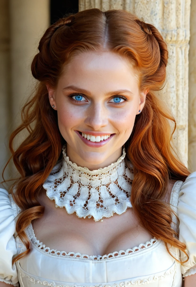 realistic, Teresa_Palmer wearing a (solid_white 16th_century_high-collared dress,(large_intricate_lacy_Medici_ruff:1.3), (vivid_ginger_hair:1.8), intensely_beautiful expressive_blue_eyes, sharp focus and highly detailed, modeling for the camera,(big_beautiful__smile_with_flawless_white_teeth:1.3), BREAK (huge_breasts:1.6),