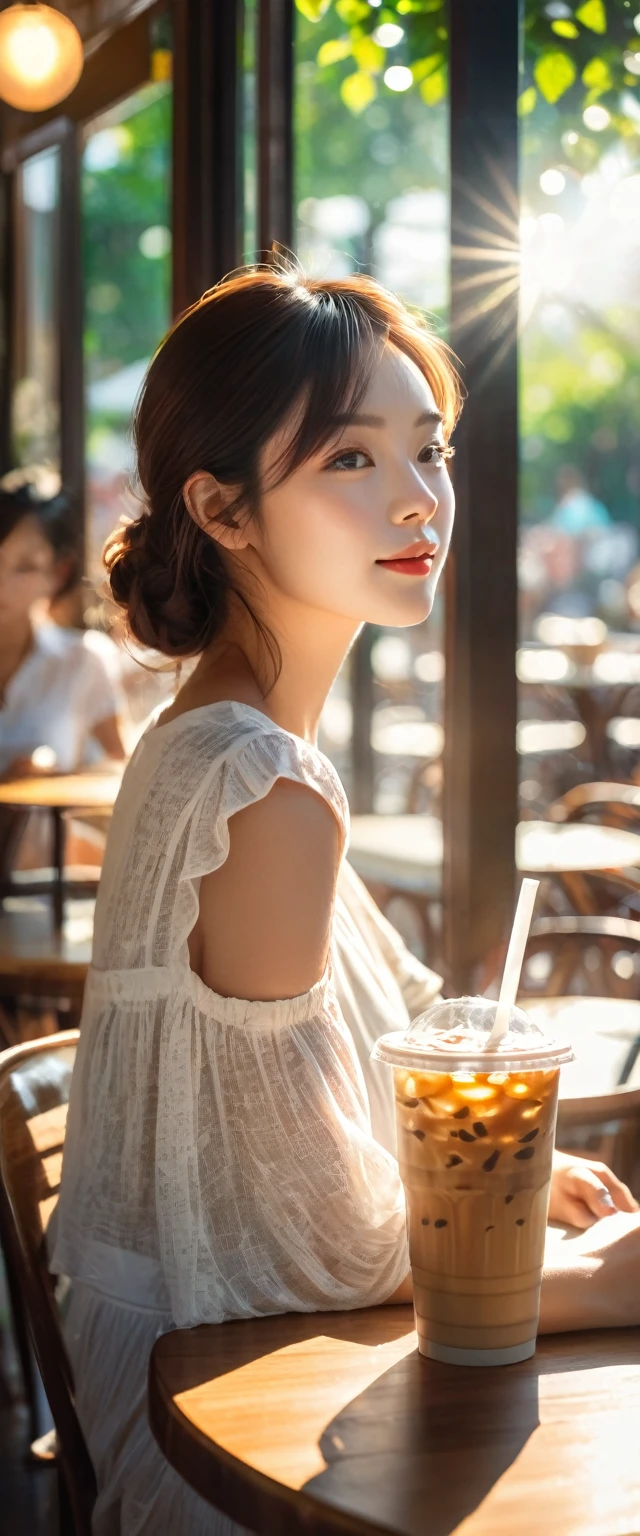 June heatwave,Beautiful girl enjoying the coolness in the cafe,There is a cup of ice coffee on the wooden table(Look out the window with your whole head.The moment the sun shines)Surrounded by the dazzling afternoon sun, shadow and shade textures,The whole scene looks lazy and romantic, Effortlessly elegant aesthetics.。Cafe bokeh background