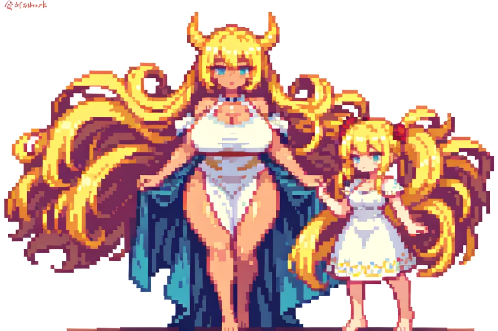 very tall woman,very big woman,gigantic woman,very muscle,{{long legs}},devil,{{muscular}},{{gigantic breasts}} ,{{curvy}},twintails,blonde hair ,white dress,barefoot,brown skin,masterpiece , best quality , pixel art , 1 girl ,{full body},voluptuous,white background
