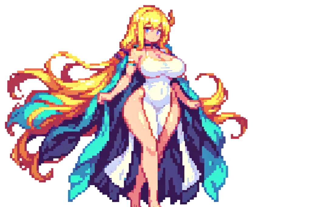 very tall woman,very big woman,gigantic woman,very muscle,{{long legs}},devil,{{muscular}},{{gigantic breasts}} ,{{curvy}},twintails,blonde hair ,white dress,barefoot,brown skin,masterpiece , best quality , pixel art , 1 girl ,{full body},voluptuous,white background
