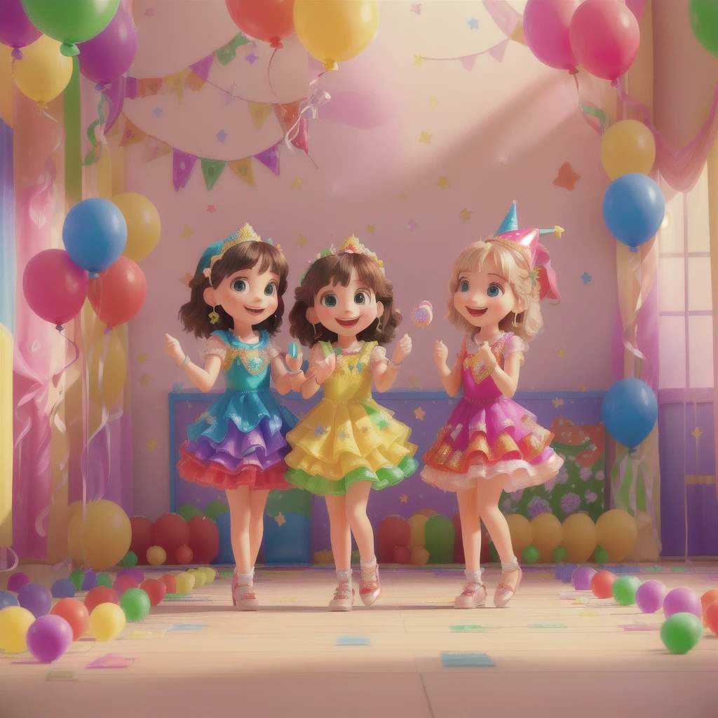 (best quality, 4k, highres, masterpiece:1.2), ultra-detailed, realistic:1.37, vivid colors, studio lighting, bokeh, HDR, joyful, children's birthday party, cheerful, well-lit, colorful balloons, delicious birthday cake, excited kids playing games, party hats, festive decorations, fun activities, laughter-filled moments, happy children, vibrant atmosphere, lively music, presents and gifts, joyful celebration, smiling faces, party games and prizes, group photo, birthday candles, birthday wishes, party favors, merry festivities, play area, bouncing castle, candy buffet, face painting, balloon animals, magic show, ice cream stand, birthday banners, indoor , supplies, invitations, goodie bags, high energy, birthday song, celebration cheers, memorable moments, dance and dance floor, beautiful detailed eyes
highly detailed skin
extremely delicate and beautiful childern