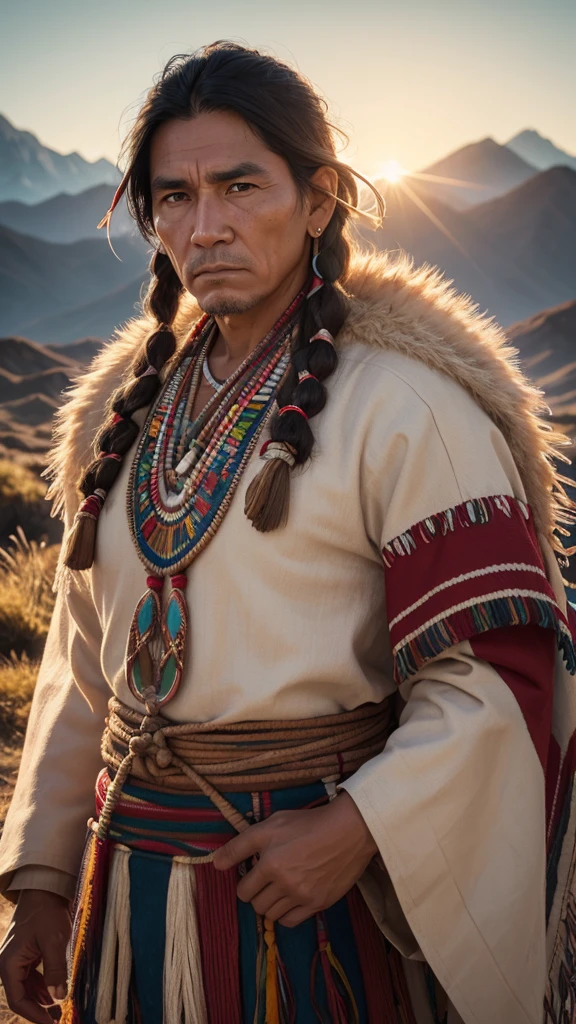 Native american man, detai face, traditional cloth, highly detail, hyper realistic, sharp focus, mountain backgtound, evening sunshine, photo realistic, close-up,