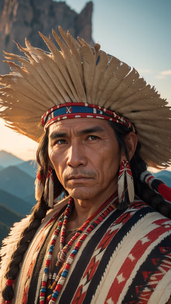 Native american man, detai face, traditional cloth, highly detail, hyper realistic, sharp focus, mountain backgtound, evening sunshine, photo realistic, close-up, 