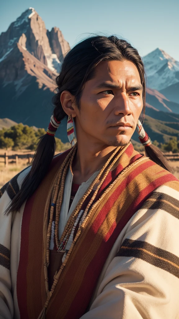 Native american man, detai face, traditional cloth, highly detail, hyper realistic, sharp focus, mountain backgtound, evening sunshine, photo realistic, close-up, 