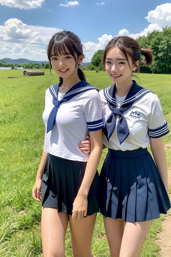 2 girls walking in rural field with railway,cumulonimbus cloud in summer blue sky,white sailor shirt,navy blue pleated skirt,student bag,18-year-old,bangs,a little smile,thighs,knees,wet short hair with low pigtails bunches,from beside,front light