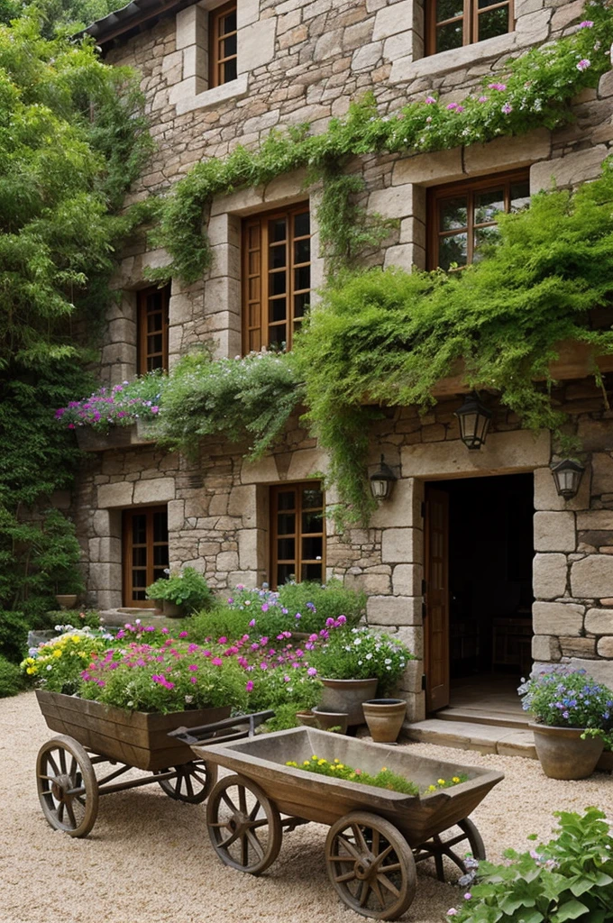 Create this don't take from anywhere else just create it. In the courtyard of a stone house a worn wooden wheelbarrow was seen. The inside of the wheelbarrow was planted with various flower plants that became decorations on the front of the stone house