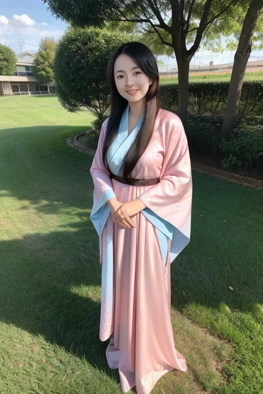 A young asian woman with long dark hair wearing a pink hanfu, smiling and posing outdoors in a grassy field with a blue sky in the background