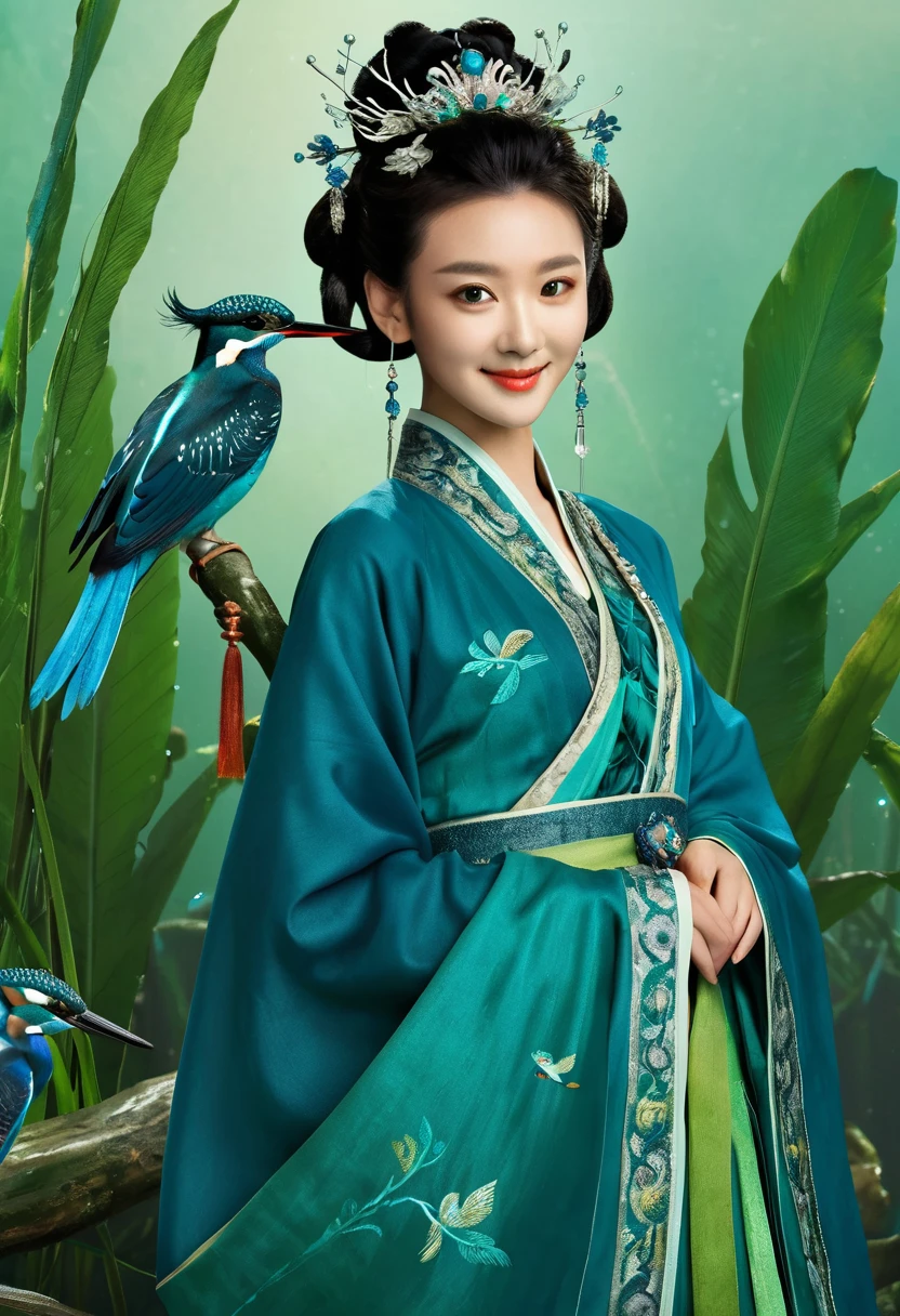 A poster for the Chinese movie , featuring an adorable 20 yearold girl dressed in traditional blue and green Kingfisher feather Hanfu , adorned with exquisite accessories and wearing blue and green Kingfisher feather hair ornaments on her head. She stands against the backdrop of blue and green Kingfisher feather。 showcasing elegance and cuteness., focus is sharp, intricate details, ultrahigh definition, masterpiece, best quality, high resolution, natural light, professional photography, shot by Canon camera, closeup, full body shot, look straight ahead, smiling