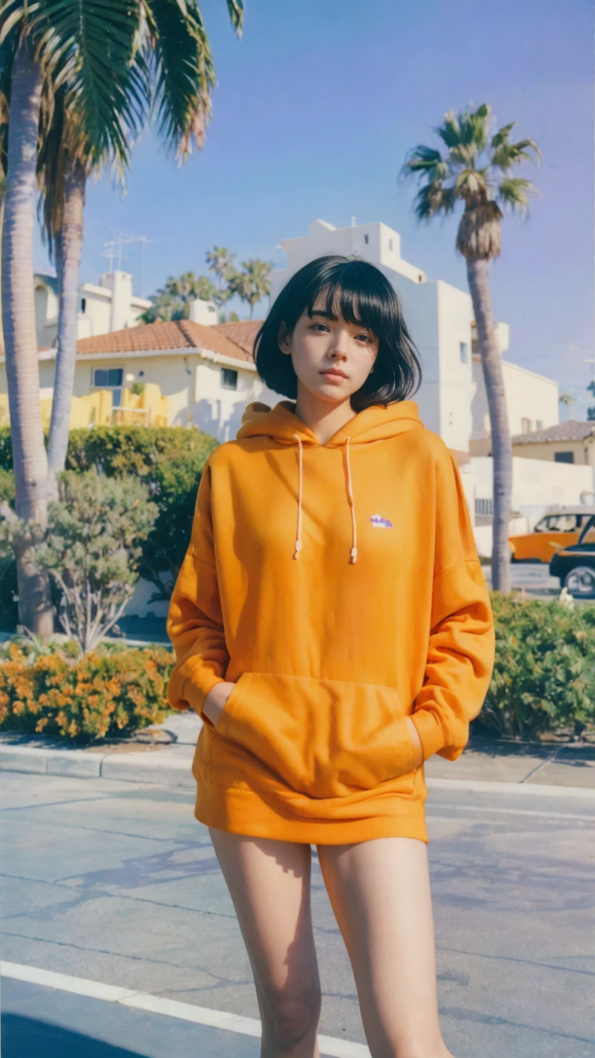 Best Quality,Masterpiece,Ultra High Resolution,(Realisticity:1.4),Original Photo, 1Girl,1 girl, wear ((orange color oversized hoodie)), (purple tennis skirt), light leak,dark intens shadow,ultra high resolution,UHD,beautiful, black bob hair, almond eye, no makeup, in front of 80's architecture mondrian colorful motel, (realistic:1.2), (surreal:1.3), (very detailed:1.1), ((masterpiece)),summer, blue sky, (palm trees),sunny, los angles vibes,thick outline. blurry photo. color slide film. 1958