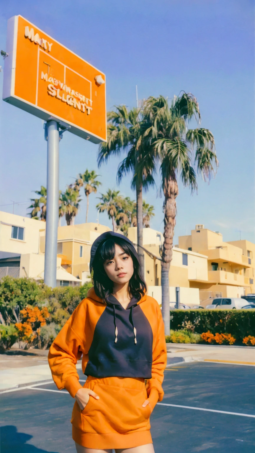 Best Quality,Masterpiece,Ultra High Resolution,(Realisticity:1.4),Original Photo, 1Girl,1 girl, wear ((orange color oversized hoodie)), (purple tennis skirt), light leak,dark intens shadow,ultra high resolution,UHD,beautiful, black bob hair, almond eye, no makeup, in front of 80's architecture mondrian colorful motel, (realistic:1.2), (surreal:1.3), (very detailed:1.1), ((masterpiece)),summer, blue sky, (palm trees),sunny, los angles vibes,thick outline. blurry photo. color slide film. 1958