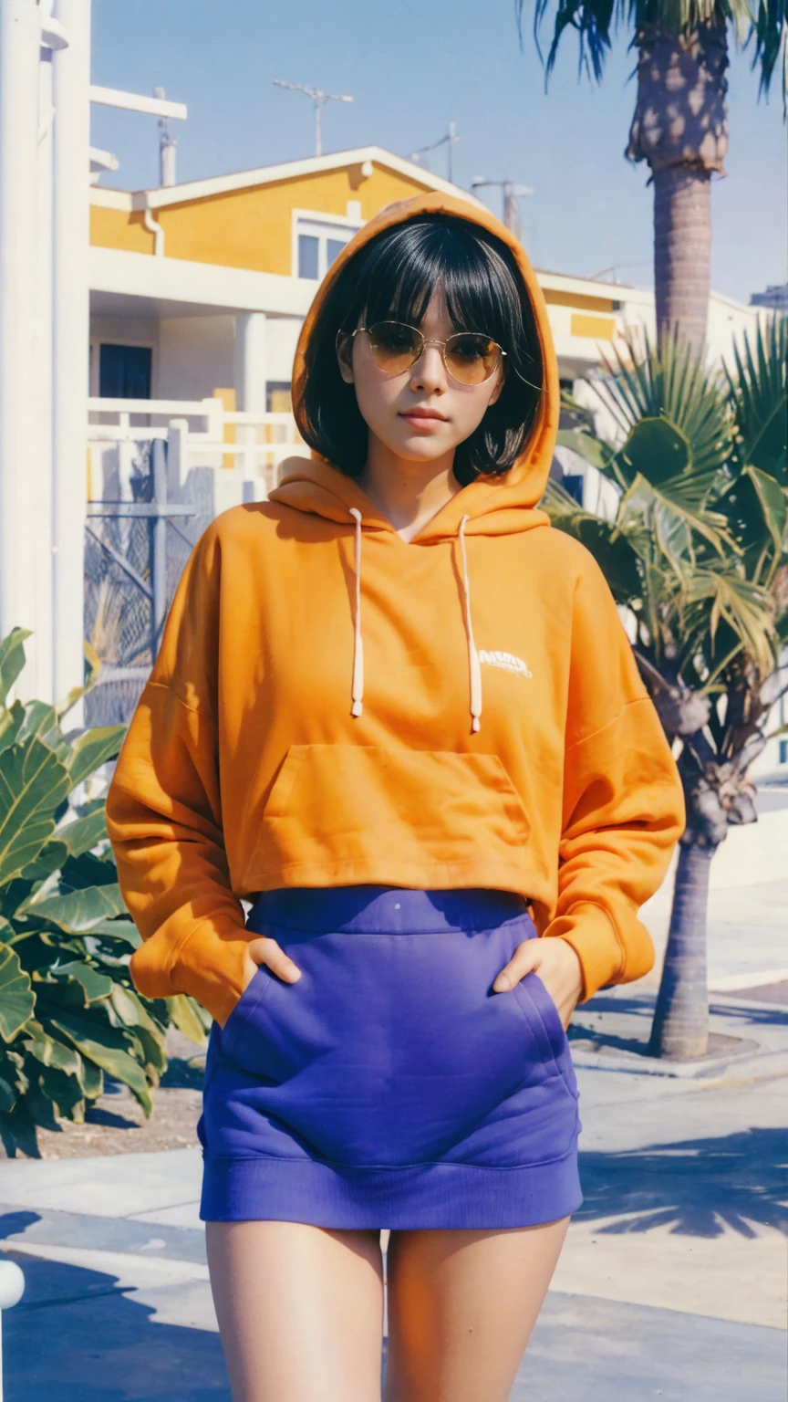 Best Quality,Masterpiece,Ultra High Resolution,(Realisticity:1.4),Original Photo, 1Girl,1 girl, wear ((orange color oversized hoodie)), (purple tennis skirt), light leak,dark intens shadow,ultra high resolution,UHD,beautiful, black bob hair, almond eye, no makeup, in front of 80's architecture mondrian colorful motel, (realistic:1.2), (surreal:1.3), (very detailed:1.1), ((masterpiece)),summer, blue sky, (palm trees),sunny, los angles vibes,thick outline. blurry photo. color slide film. 1958