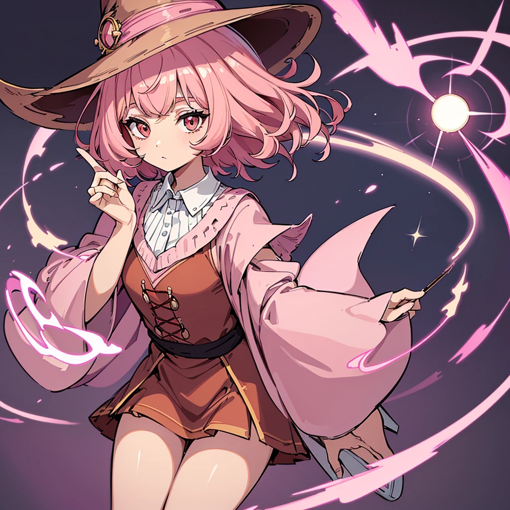 (((Solo)))、Highest quality, Best Quality,Best illustrations、(Pink Hair、Short Perm Hair、Short bangs、Align your bangs)、(Witch Hat、Brown robes)、(Grab the magic wand)、(The magic of light)、(White background)、(Mature 50 Year Old、Adult women、Red eyeshadow)、(Full body character concept、detailed)