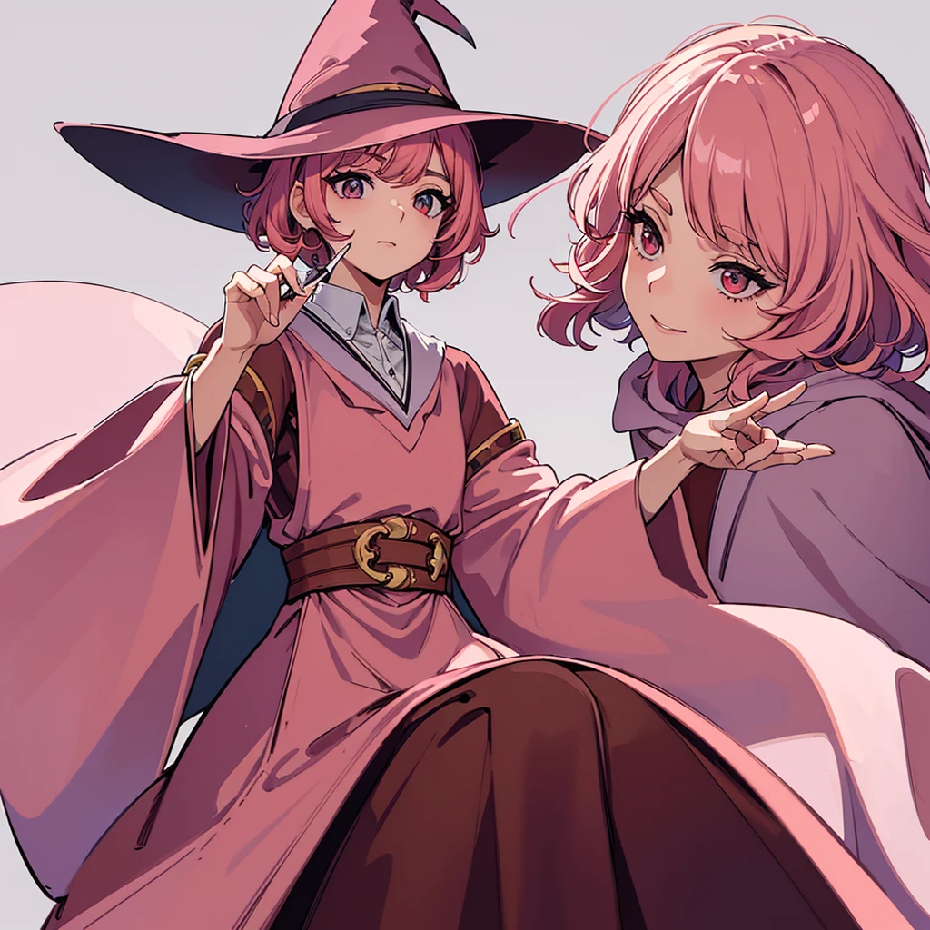 (((Solo)))、Highest quality, Best Quality,Best illustrations、(Pink Hair、Short Perm Hair、Short bangs、Align your bangs)、(Witch Hat、Brown robes)、(Grab the magic wand)、(The magic of light)、(White background)、(Mature 50 Year Old、Adult women、Red eyeshadow)、(Full body character concept、detailed)